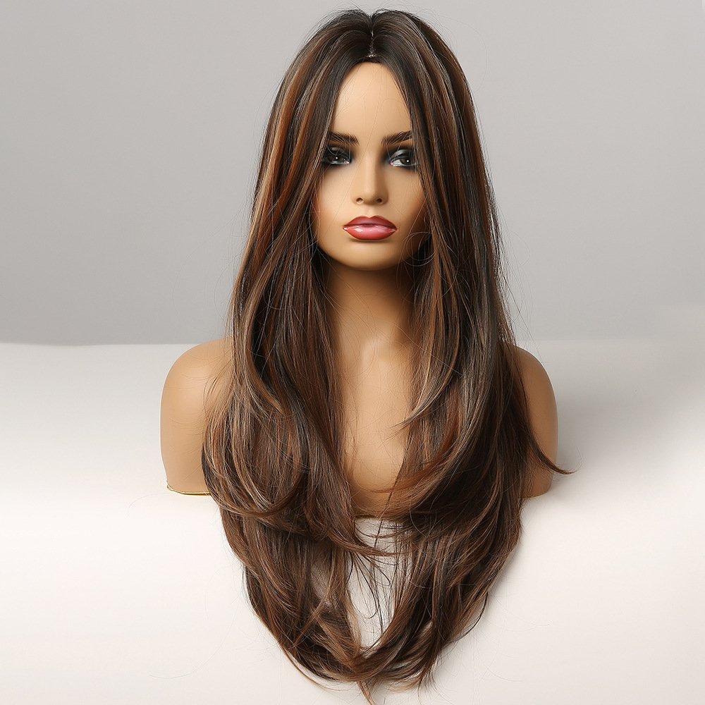 Black Wig with Highlights Long Straight Synthetic Wig without Bangs Heat Resistant Hair Wig for Women