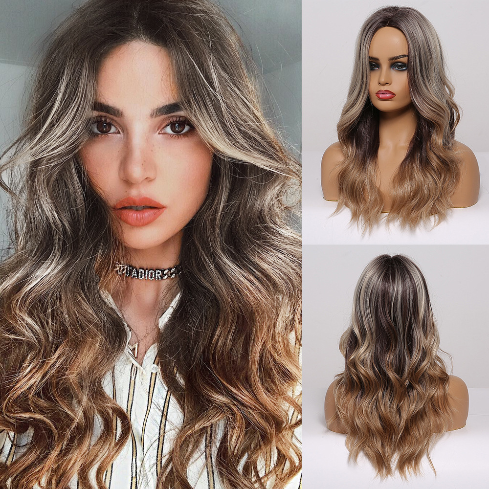 Long Wig Grey to Blonde Synthetic Ombre Wig without Bangs Heat Resistant Hair Wig for Women 45cm