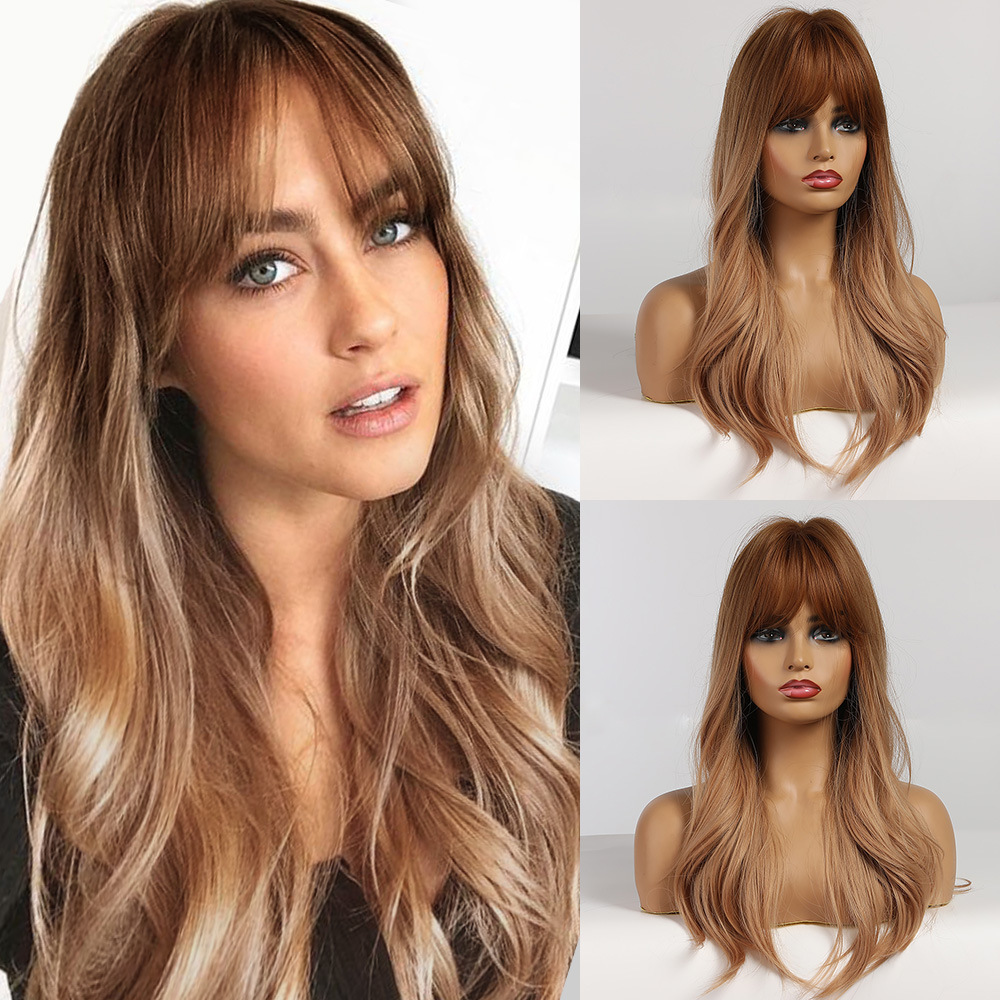 Long Wavy Blonde Wig With Bangs Synthetic No Parting Wig Heat Resistant Hair Wig for Women Daily Wear