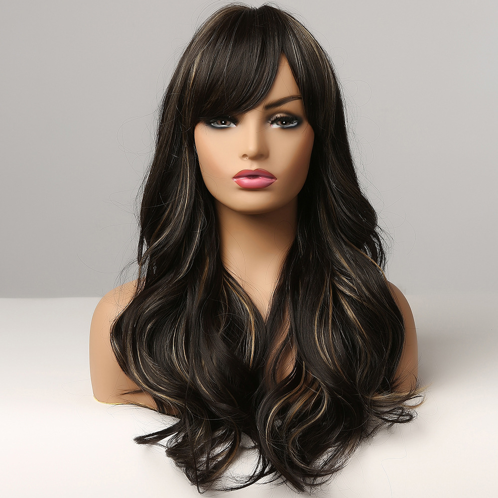 Long Wavy Black Wig with Blonde Highlights with Bangs Heat Resistant Synthetic Wigs Women