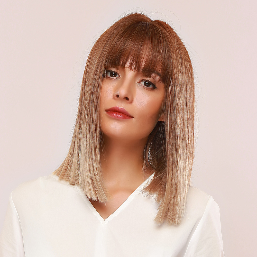 Straight Blonde Wig Shoulder Length Bob with Bangs Synthetic Ombre Wig Resistant Hair Wig for Women Daily Wear