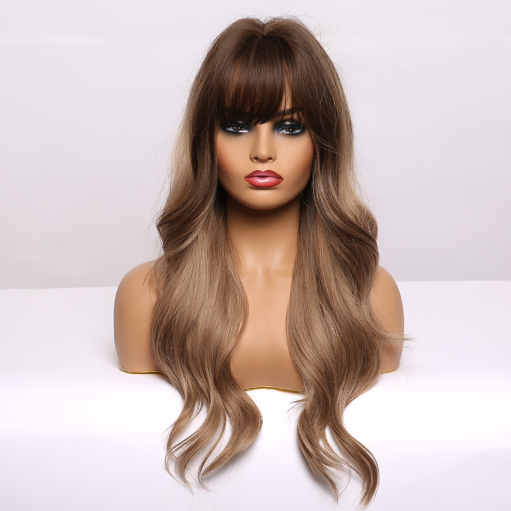 Long Body Wave Brown Wigs Heat Resistant Synthetic Ombre Wigs with Bangs for Women Daily Wear