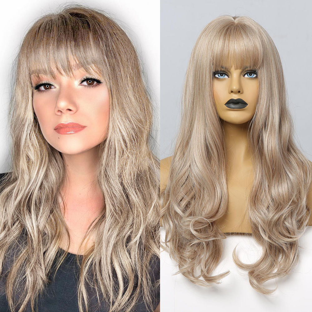 Long Ash Blonde Wig with Highlights Middle Parting with Fringe Heat Resistant Synthetic Hair Wigs for Women