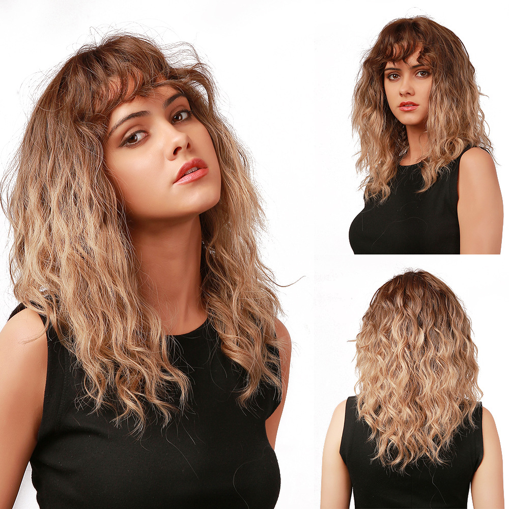 Dark Brown to Light Blonde Wig Natural Curly Wigs with Bangs Heat Resistant Synthetic Wigs Halloween Wigs for Women