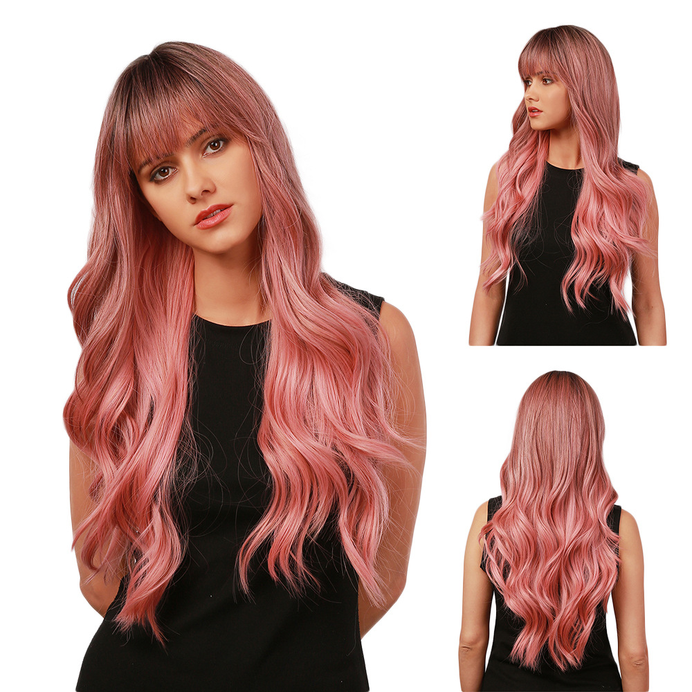 Ombre Pink Wig with Dark Roots Length Body Wave Synthetic Wig With Bangs Heat Resistant Hair Wig Cosplay Halloween Dress Party Wigs