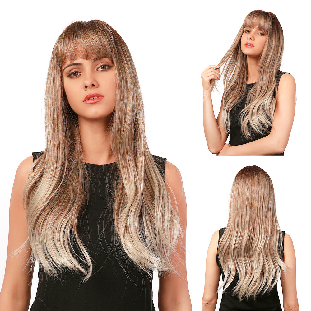 Light Brown to Blonde Natural Long Loose Wave Synthetic Wig With Bangs Heat Resistant Hair Wig