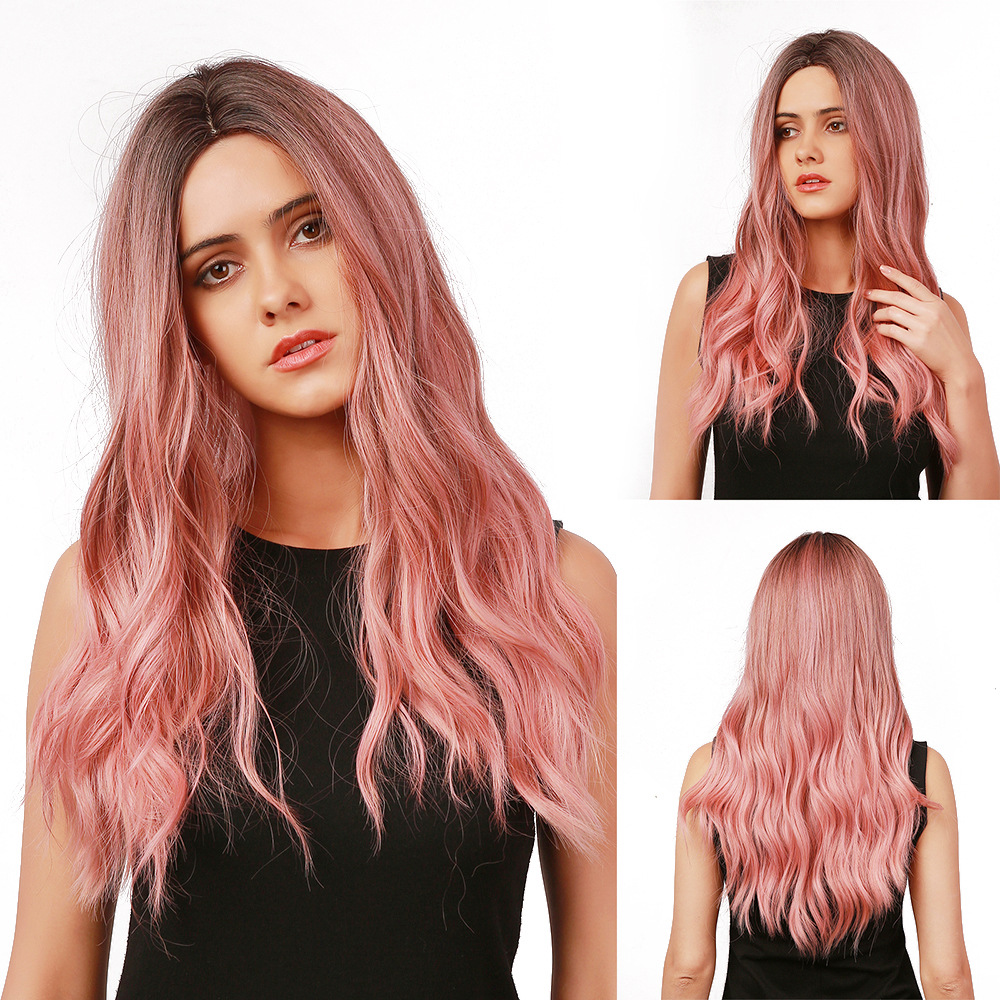 Women's Long Loose Wave Ombre Pink Wig with Dark Roots Without Bangs Ombre Synthetic Wig