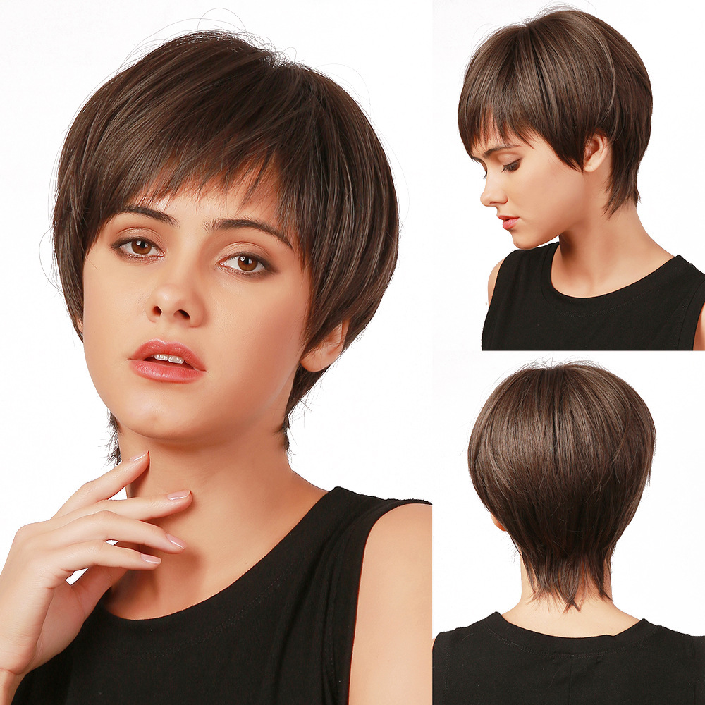 Short Straight Dark Brown Wigs With Bangs Heat Resistant Synthetic Wigs