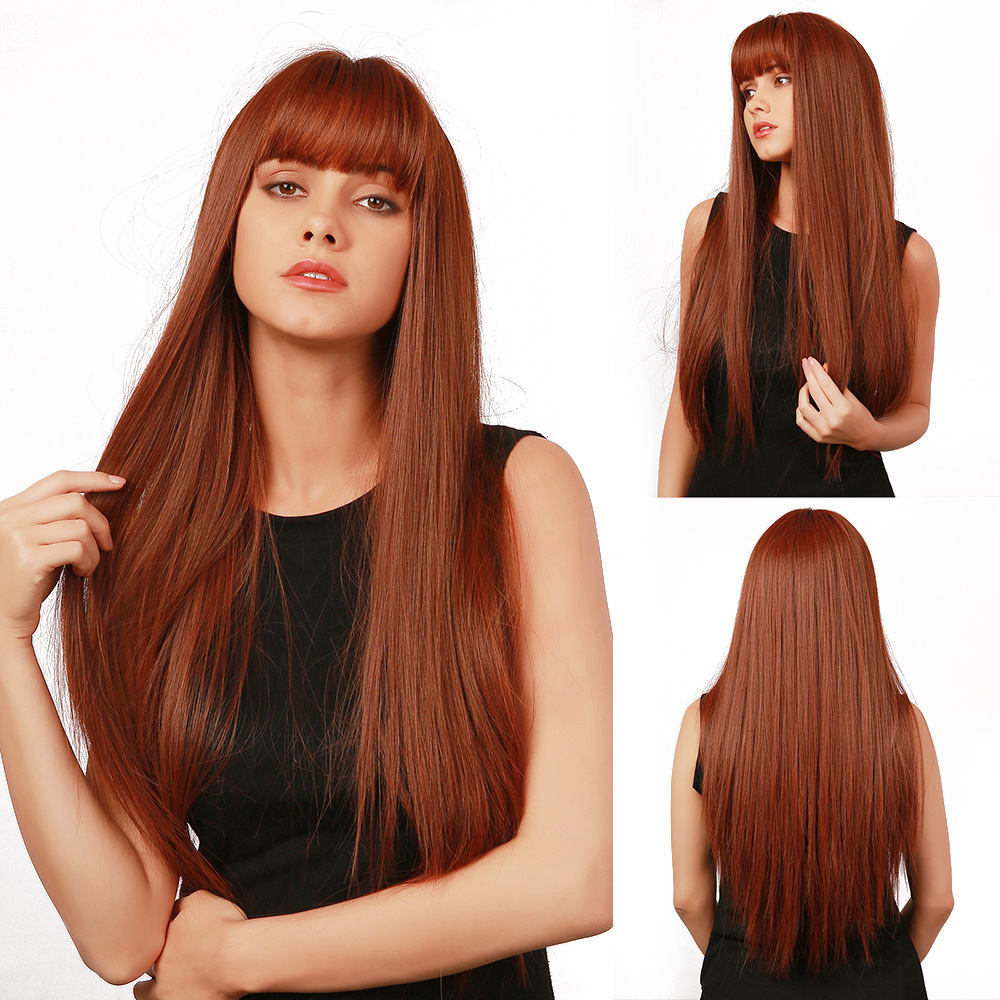 Women's Silky Straight Long Auburn Wig With Bangs Ombre Synthetic Wig