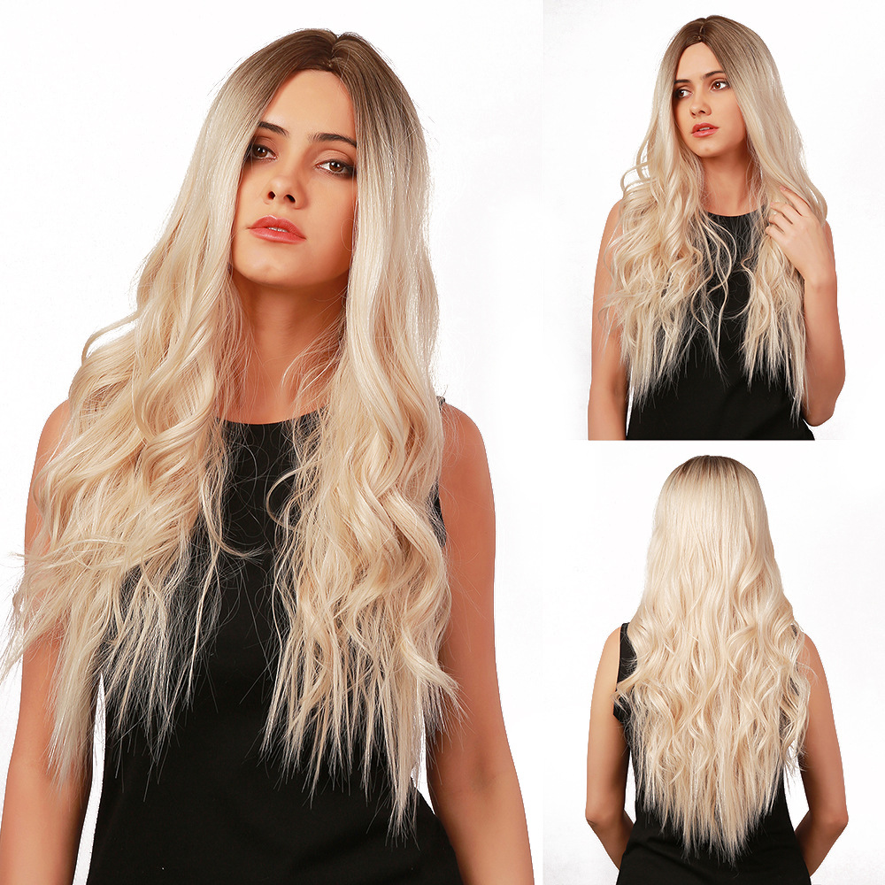 Platinum Blonde with Dark Roots Wig without Fringe Naturalt Long Wave Wigs Heat Resistant Synthetic Wigs Halloween Wigs for Women