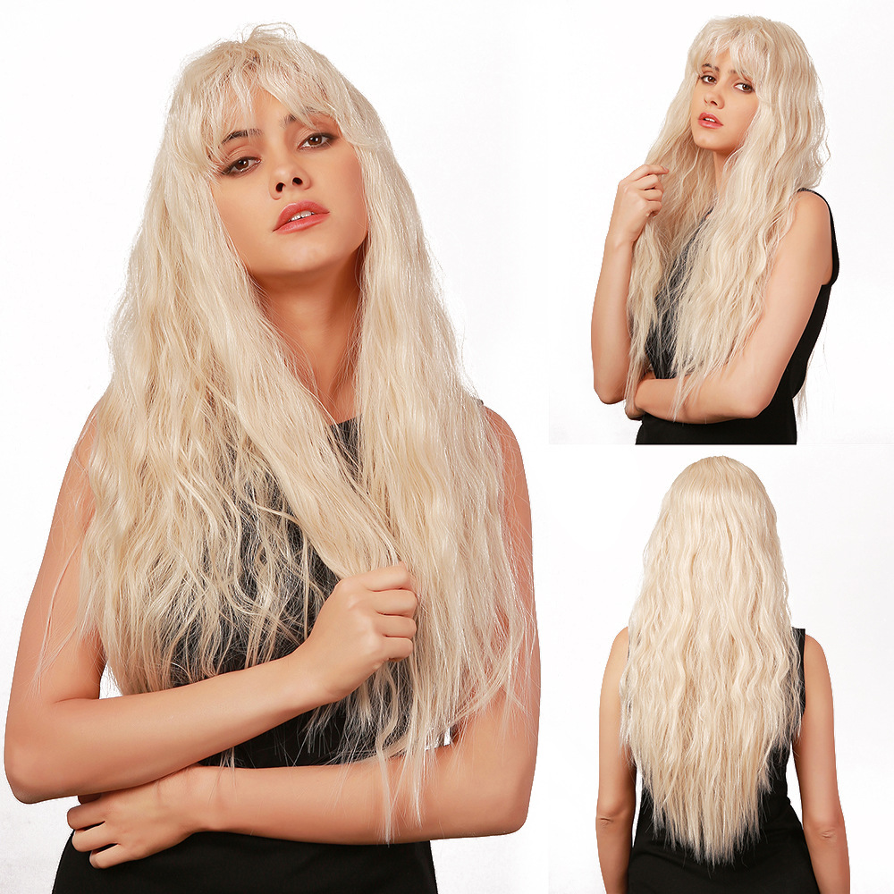 Platinum Blonde Wig Natural Long Loose Wave Synthetic Wig With Bangs Heat Resistant Hair Wig