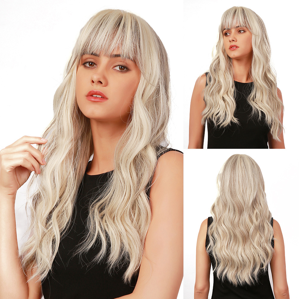 Platinum Blonde Long Wig Wavy Synthetic White Wig With Bangs Heat Resistant Hair Wig Daily Wear