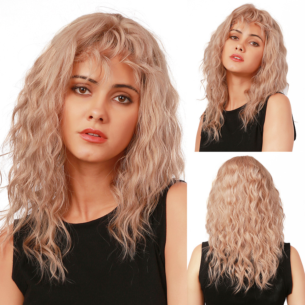 Pink Wig with Bangs Shoulder Length Wavy Synthetic Wig No Parting Heat Resistant Hair Wig for Women