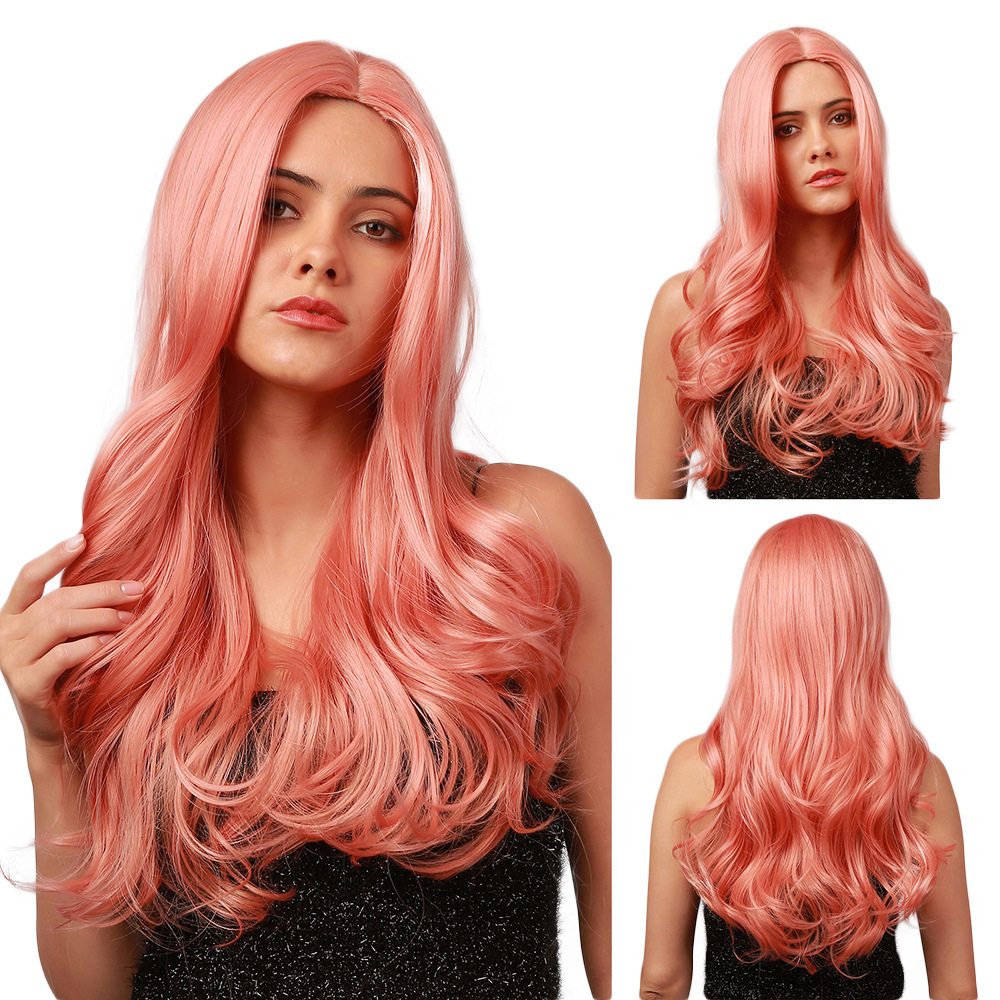 Pink Wig Body Wave Long Synthetic Wig Without Bangs Heat Resistant Hair Wig for Girls Cosplay Halloween Dress Party Wigs