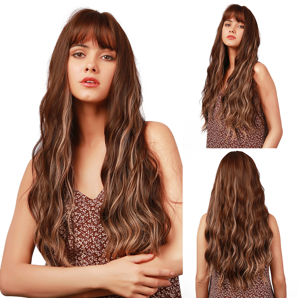 Long Brown Wig with Highlights Losse Wave Synthetic Wig No Parting Heat Resistant Hair Wig