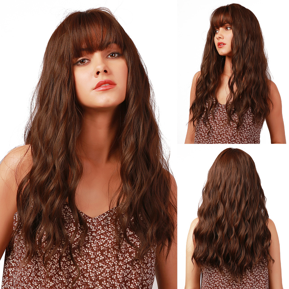 16 Inches Light Brown Wig With Bangs Wavy Synthetic Wig Middle Parting Heat Resistant Hair Wig Cosplay and Daily Wear