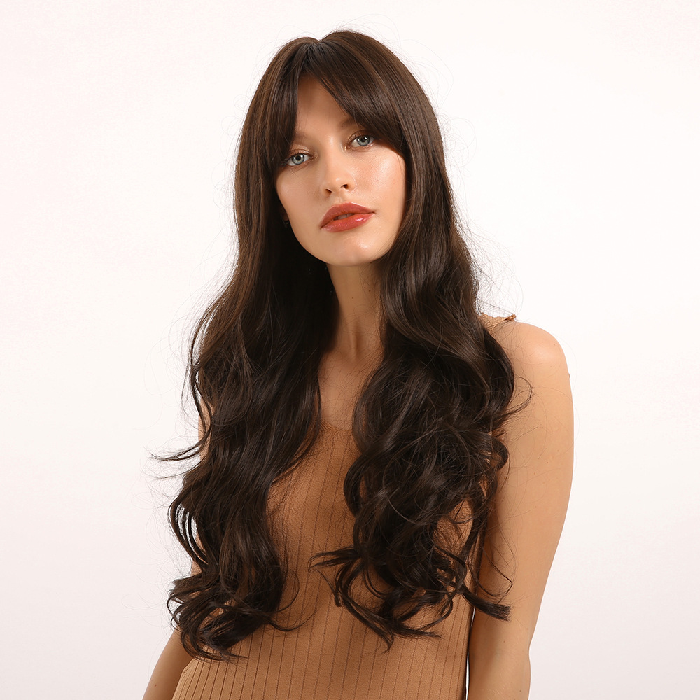 Long Wavy Dark Brown Wigs with Bangs Heat Resistant Synthetic Middle Parting Wigs Women