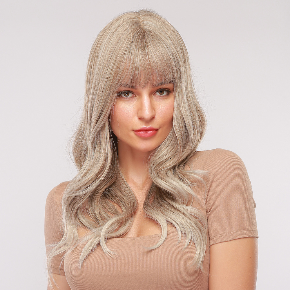 Grey Mixed with Light Brown Wig Loose Wave Wig No Parting with Fringes Stylish Fashion Full Hair Replacement Synthetic Wig 20 Inches