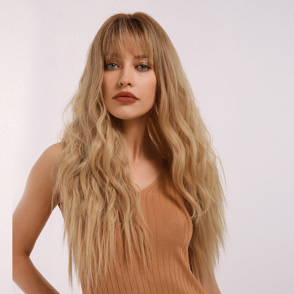 Ombre Blonde Long Loose Wavy Wig with Bangs Stylish No Parting Hair Replacement Synthetic Women Full Wig for Girls Daily Wear 24 Inches