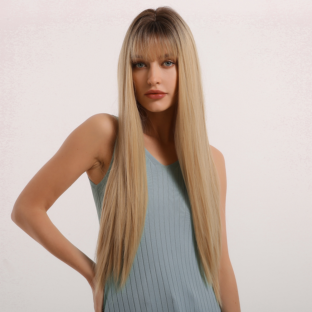 Natural Blonde Long Straight Wig with Fringes Synthetic Fiber Wig with Ombre Dark Roots Middle Parting 26 Inches Length