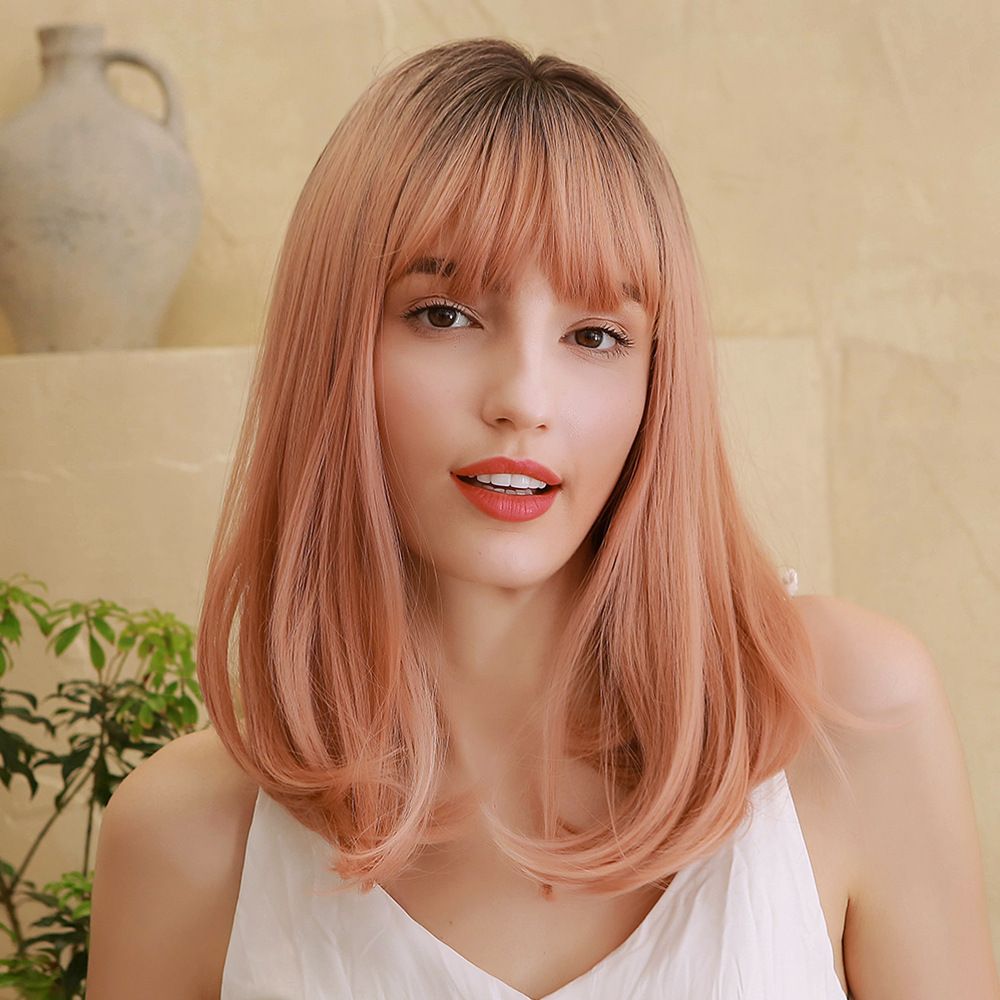 Ombre Pink Shoulder Length Straight Wig with Bangs Stylish 14 Inches with Dark Roots Hair Replacement Synthetic Women Full Wig
