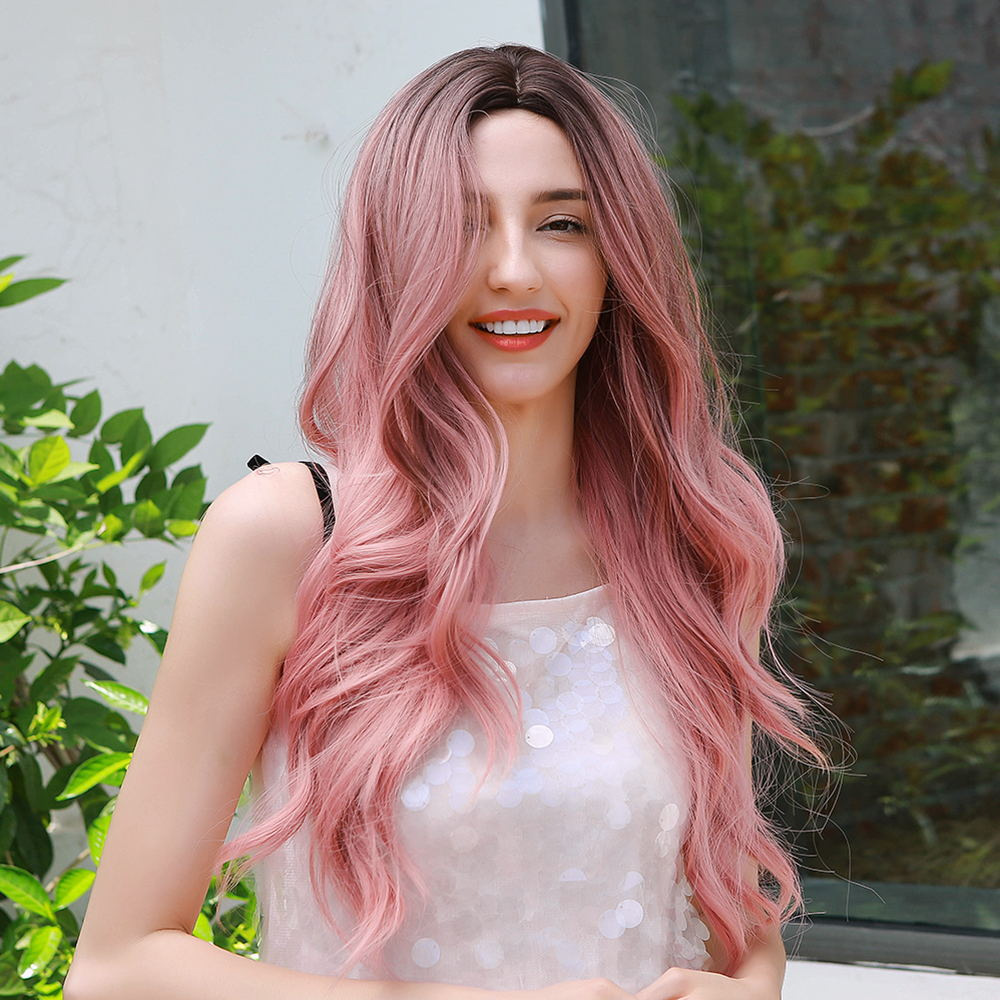 Ombre Pink Wig with Dark Roots Natural Long Wavy Synthetic Wig Middle Parting Heat Resistant Hair Wig