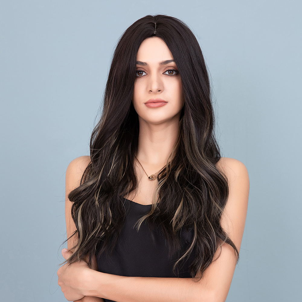 Dark Black Wig with Light Blonde Hightlights Natural Long Body Wavy Synthetic Wig Middle Parting Heat Resistant Hair Wig