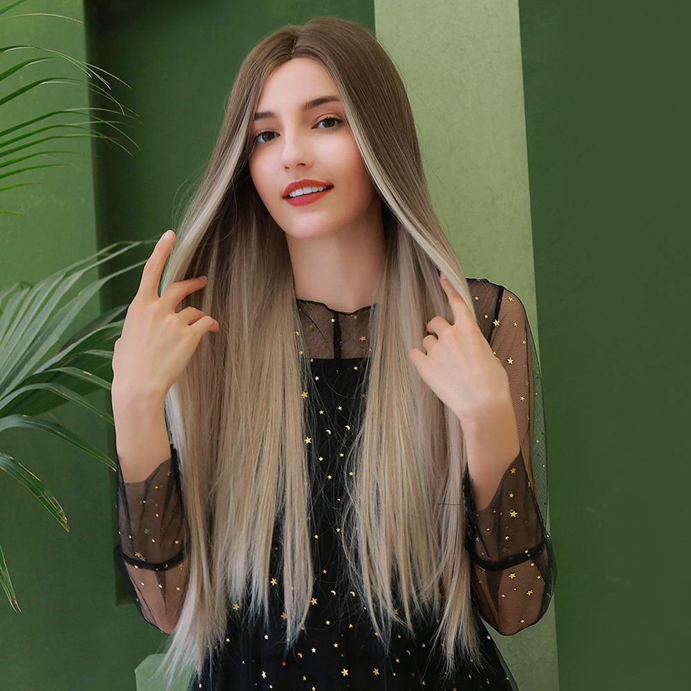 Light Brown to Light Platinum Blonde with Long Straight hair Synthetic Wig Middle Parting Heat Resistant Hair Wig