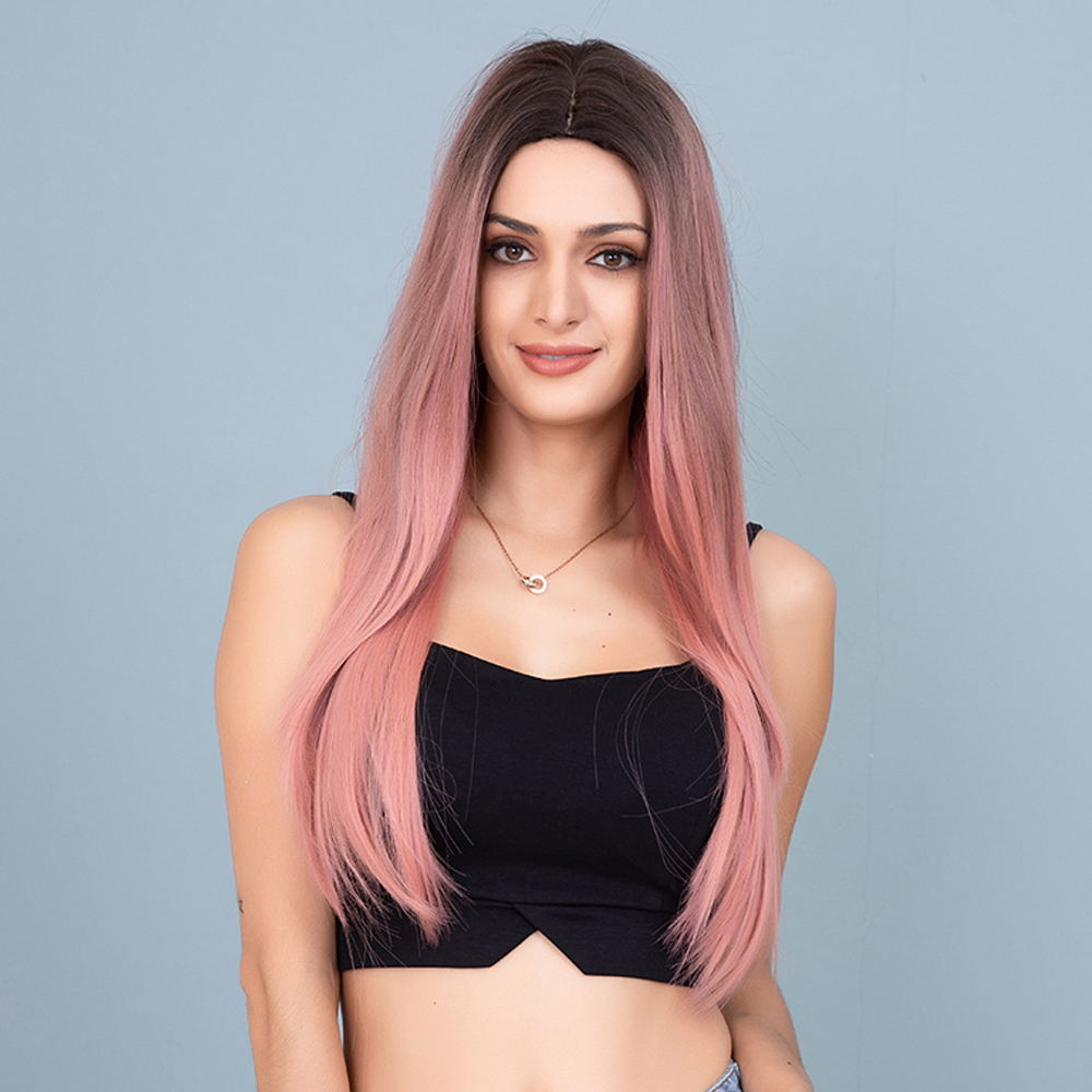 Ombre Pink Wig with Dark Roots Natural Long Straight Synthetic Wig Middle Parting Heat Resistant Hair Wig for Women With Bangs
