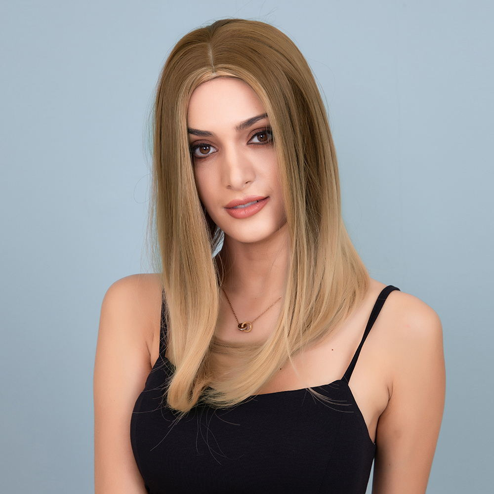 Light Brown to Blonde Natural Long Straight Synthetic Wig Middle Parting Heat Resistant Hair Wig