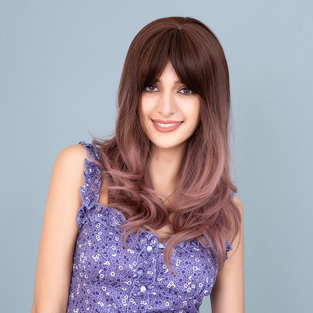 Light Brown to Ombre Pink Natural Long Wavy Synthetic Wig With Bangs Heat Resistant Hair Wig