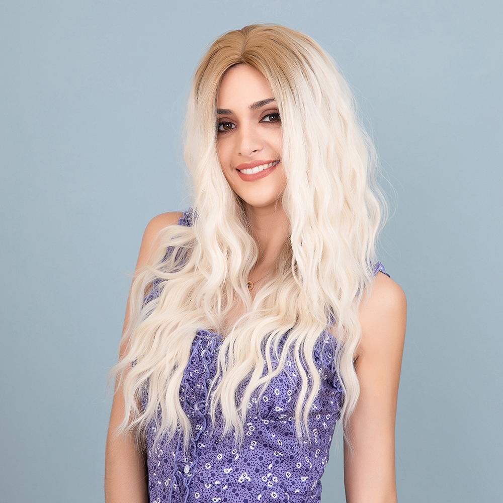 Light Platinum Blonde with Blonde Roots Natural Long Wavy Synthetic Wig Middle Parting Heat Resistant Hair Wig