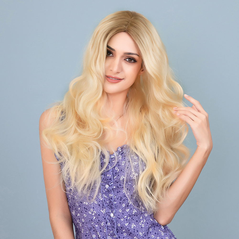 Light Blonde with Light Brown Roots Natural Long Water Wave Synthetic Wig Middle Parting Heat Resistant Hair Wig