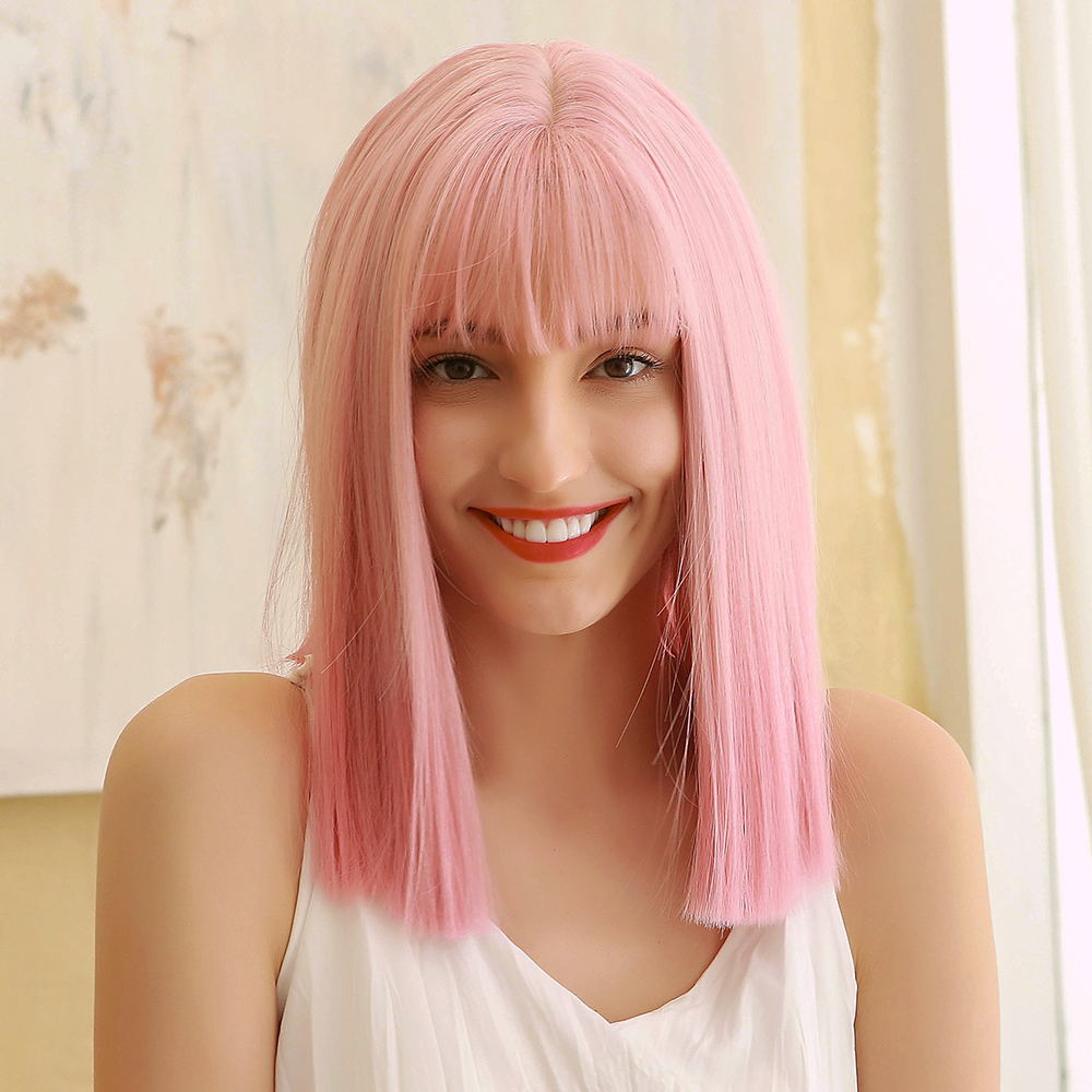 Pink Wig Natural Shoulder Length Straight Synthetic Wig With Bangs Heat Resistant Hair Wig Cosplay Halloween Dress Party Wigs