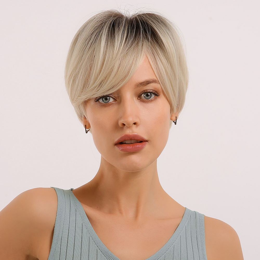 Pixie Cut Wigs for Women Light Platinum Blonde with Dark Brown Roots Wig Heat Resistant Synthetic Wig for Daily Wear
