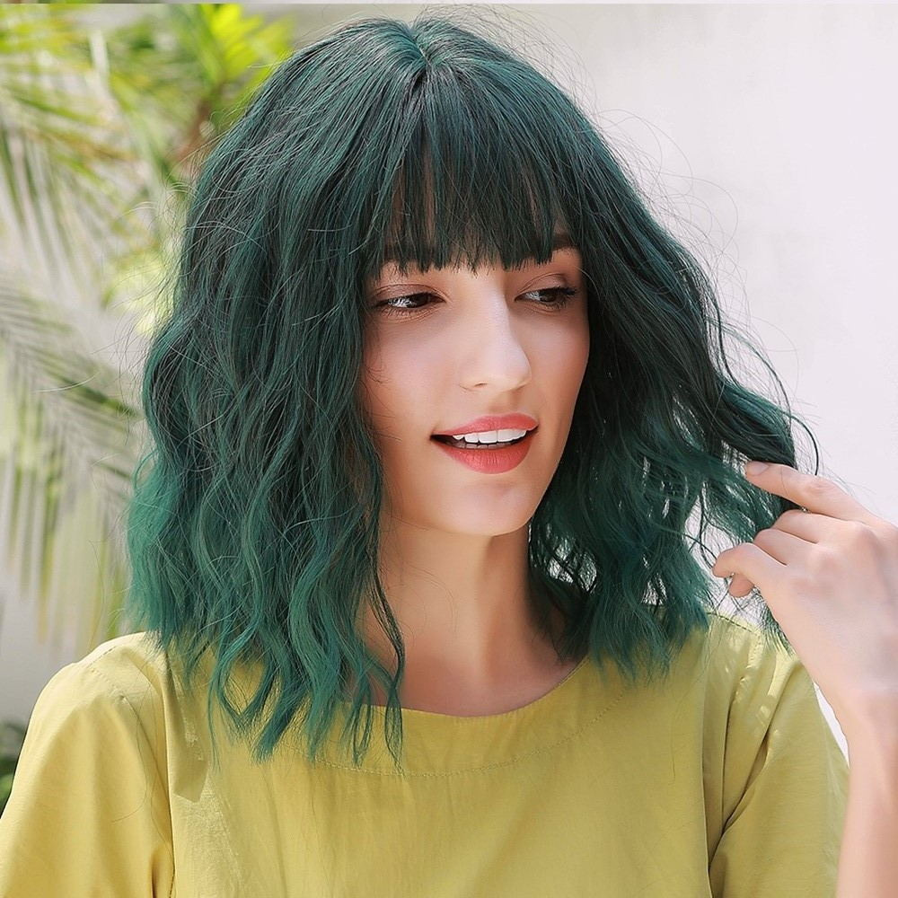 Ombre Green Wig Shoulder Length Water Wave Synthetic Wig With Bangs Heat Resistant Hair Wig Cosplay Halloween Dress Party Wigs
