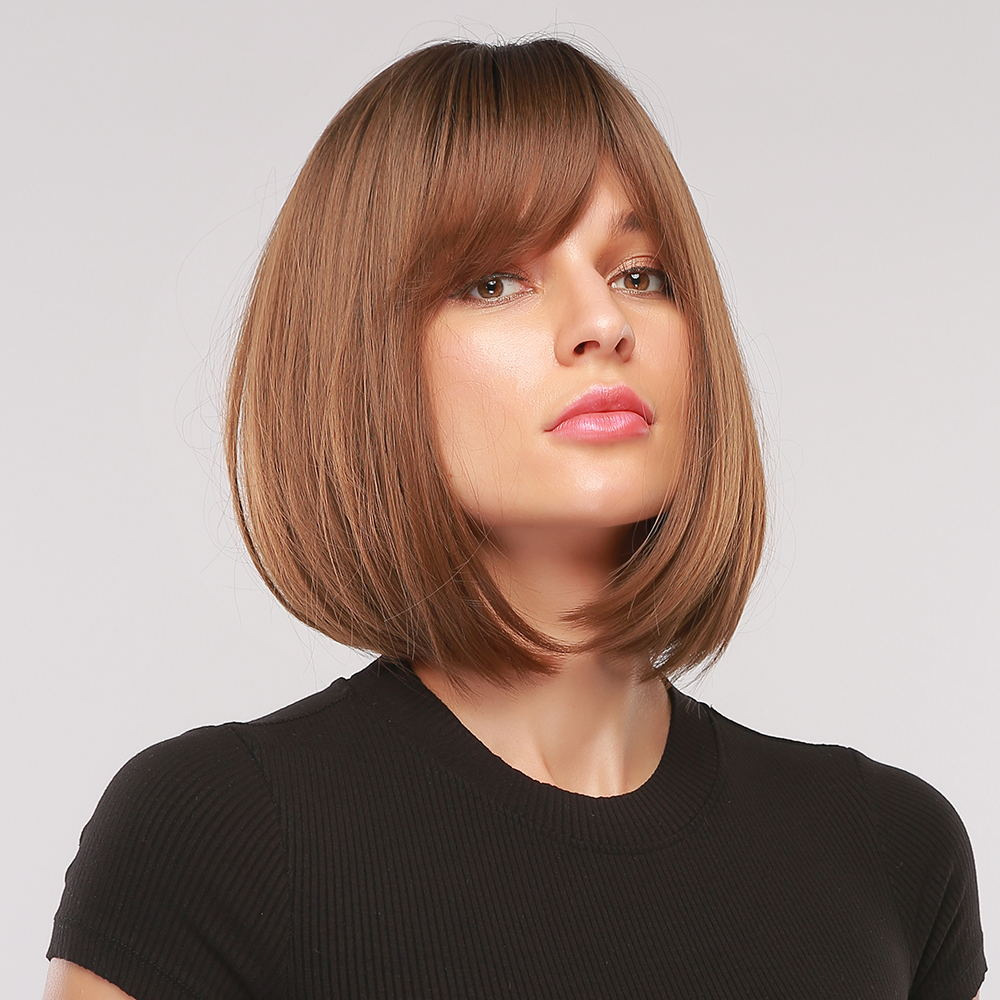 Natural Brown Wig with Dark Roots Chin Length Straight Bobs style Synthetic Wig With Bangs Heat Resistant Hair Wig