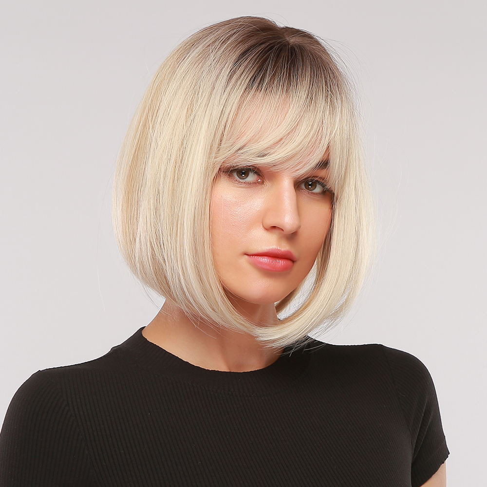 Platinum Blonde with Dark Brown Roots Chin Length Straight Bobs Style Synthetic Wig with Bangs Heat Resistant Hair Wig