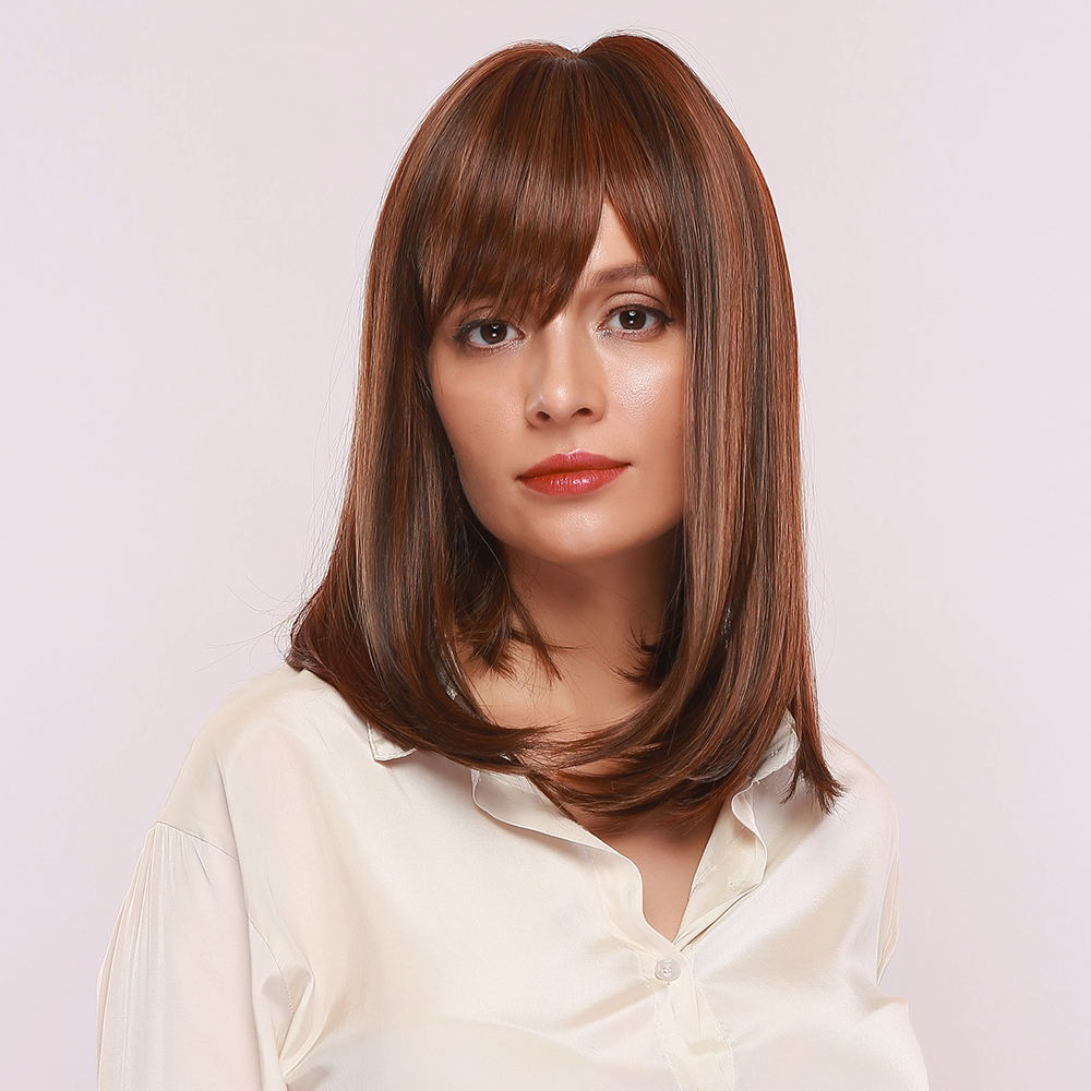 Dark Brown with Highlights Shoulder Length Straight Bobs style Synthetic Wig With Bangs Heat Resistant Hair Wig Daily Wear