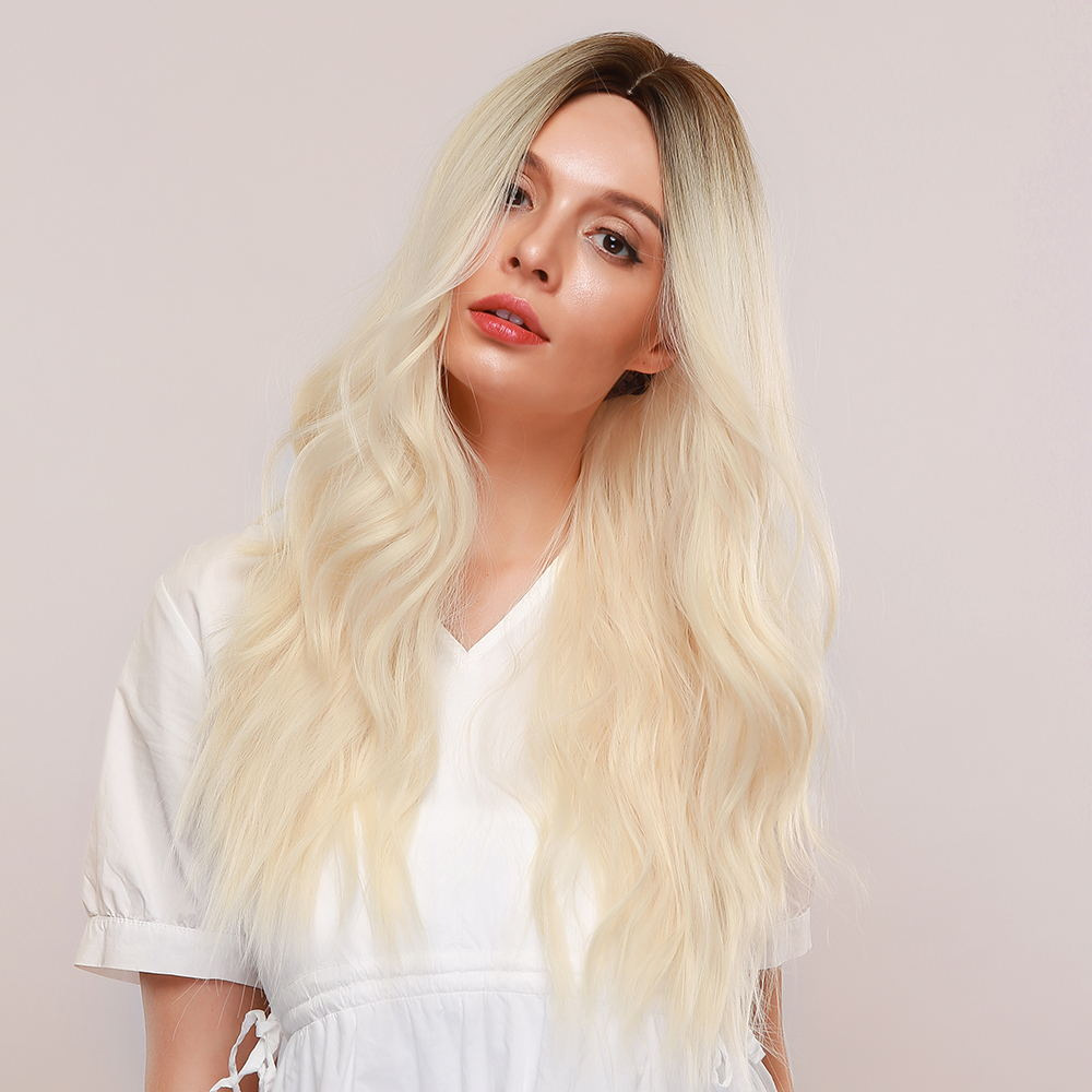 Ombre Platinum Blonde Wig with Dark Roots Long Loose Wave Synthetic Wig Middle Parting Heat Resistant Hair Wig