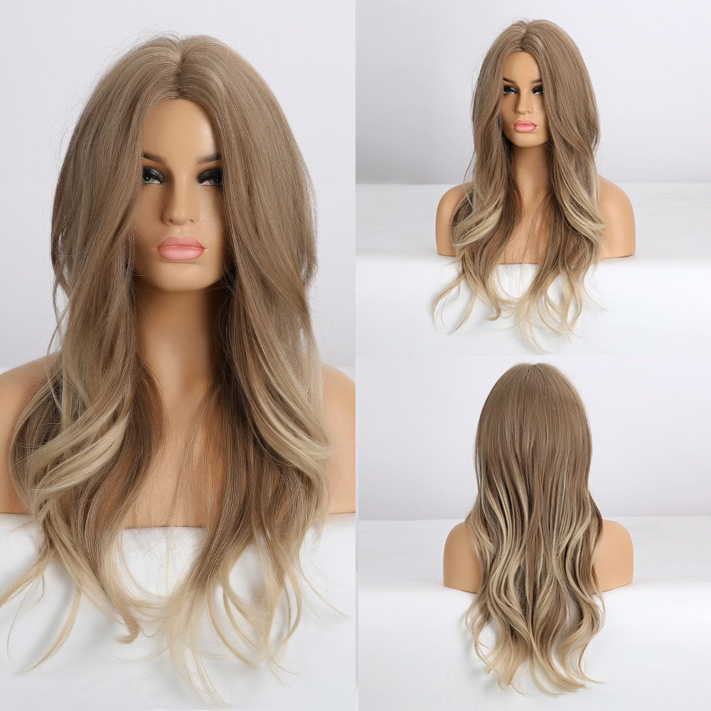 Brown with Blonde Highlights Wig Long Body Wave Synthetic Wig For Women Fashion Middle Part Wig for Cosplay Party