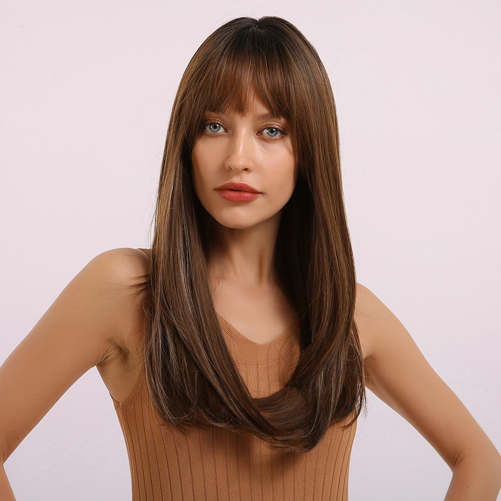 Dark Brown with Dark Roots Wig Natural Straight Dark Brown Wig with Bangs Glueless Layered hairstyle Synthetic Hair Wig