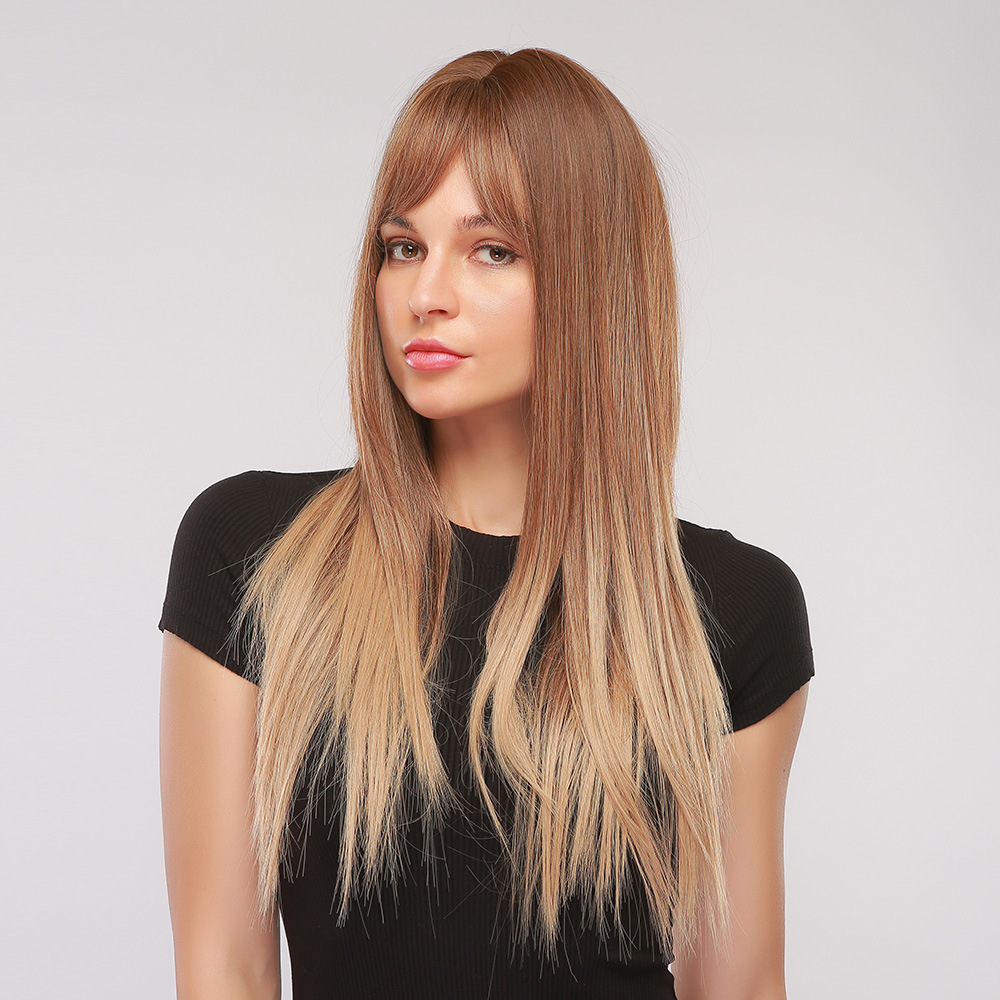 Ombre Brown to Blonde Highlight Wig Natural Long Straight Heat Resistant Synthetic Wig with Bangs