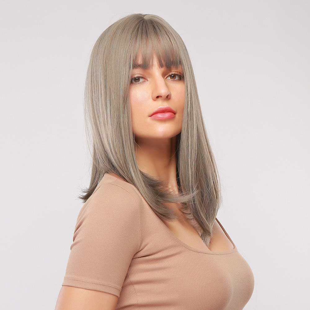 Women's Light Grey Bob Wig with Highlights Shoulder Length Bob Straight Synthetic Wig with Bangs Cosplay Halloween Dress Party Wigs