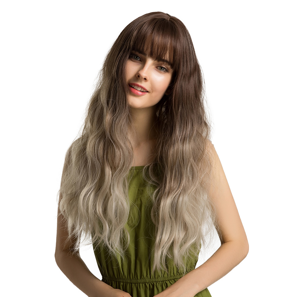 Long Wavy Ombre Dark Brown to Light Blonde Wigs with Bangs Heat Resistant Synthetic Hair Wigs for Women