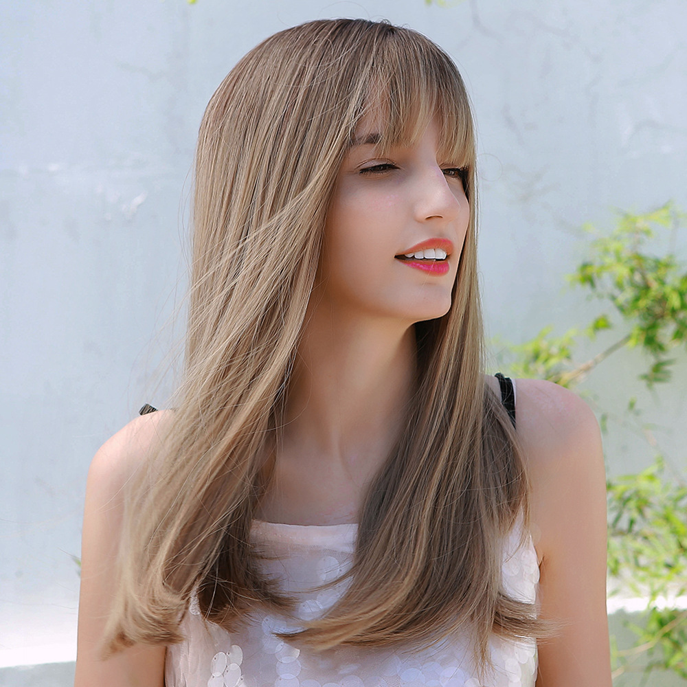 Natural Long Blonde with Highlights Straight Wig with Middle Bangs Synthetic Fiber Wig For Women Daily Dress 16 Inches Length