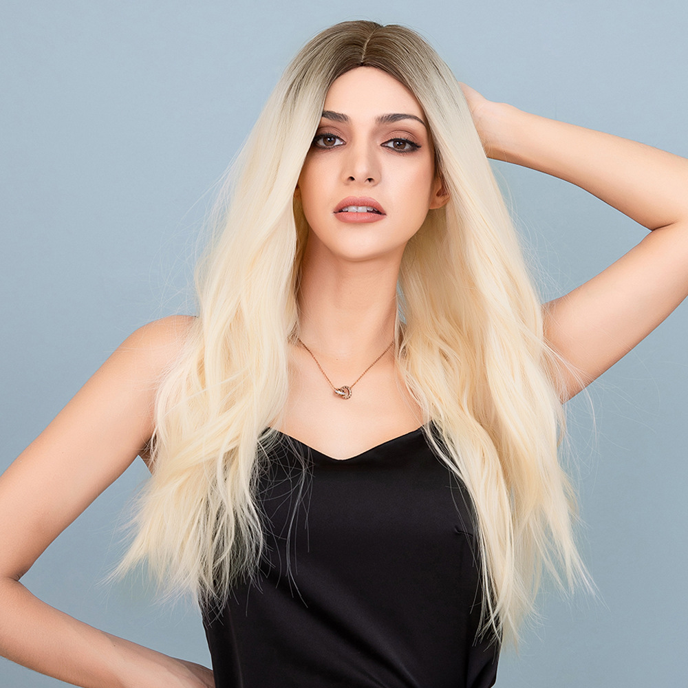 Long Wavy Wig Ombre Platinum Blonde Wigs with Brown Roots Without Bangs Heat Resistant Synthetic Wig