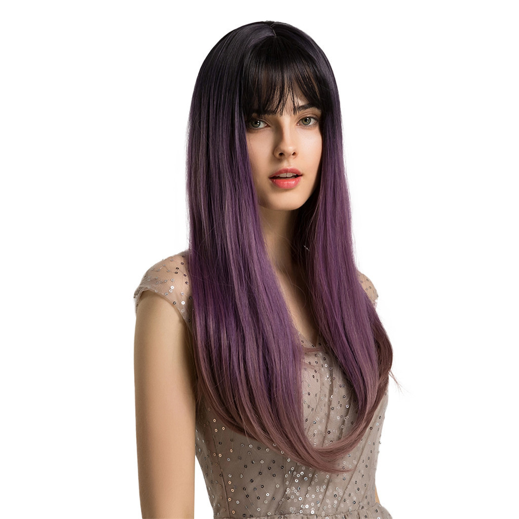 Purple with Dark Roots Wig Long Straight Synthetic Wig for Women Fashion Middle Part Wig for Cosplay Party