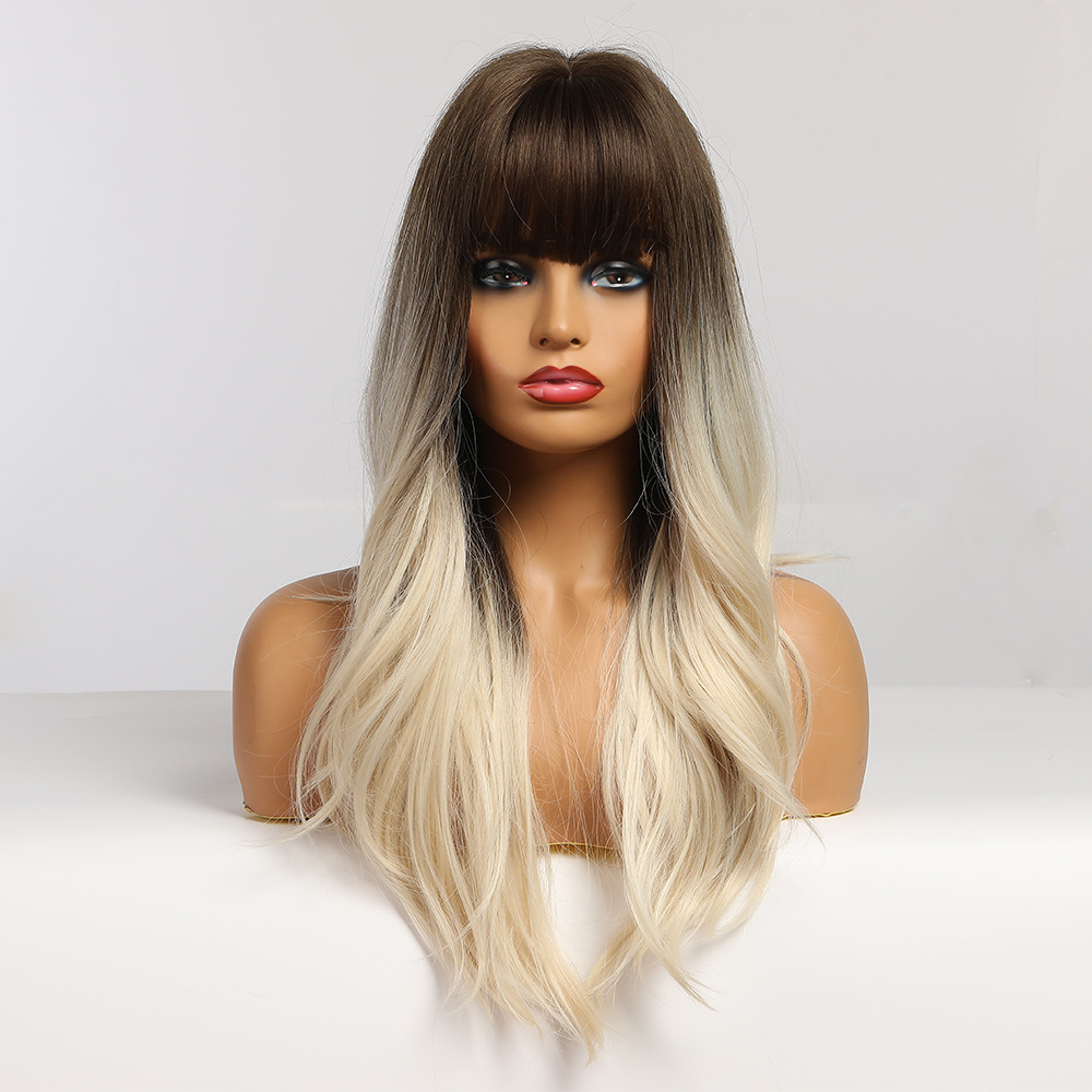 Ombre Dark Brown to Light Blonde Wig Natural Long Wavy Wigs with Bangs Heat Resistant Synthetic Wigs