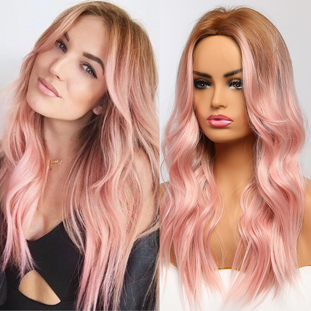 Ombre Light Brown to Pink Natural Long Wave Wigs Heat Resistant Synthetic Wigs Halloween Wigs for Women